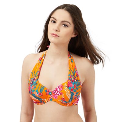 Gorgeous DD+ Orange floral print halter neck bikini top